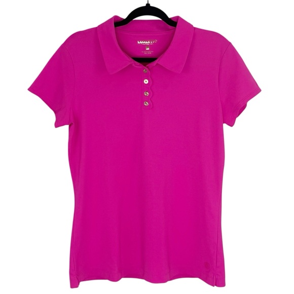 Lilly Pulitzer Passion Fruit Pink Luxletic UPF 50 Frida Scalloped Polo Top L NEW - Picture 2 of 14